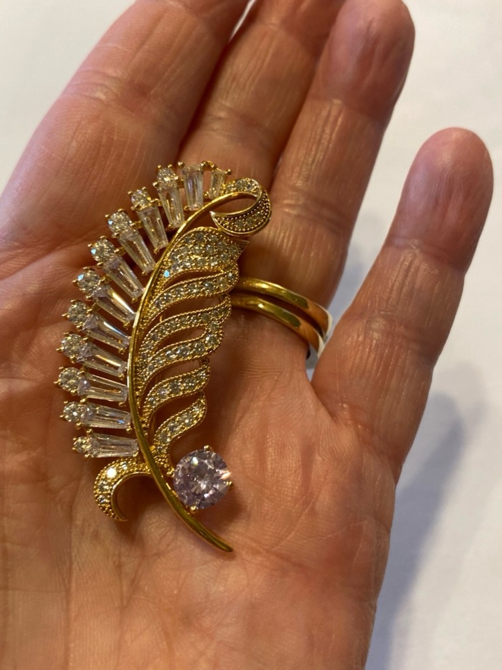 Gold-Tone Crystal Feather Brooch Pin - Sparkling Gold Accent